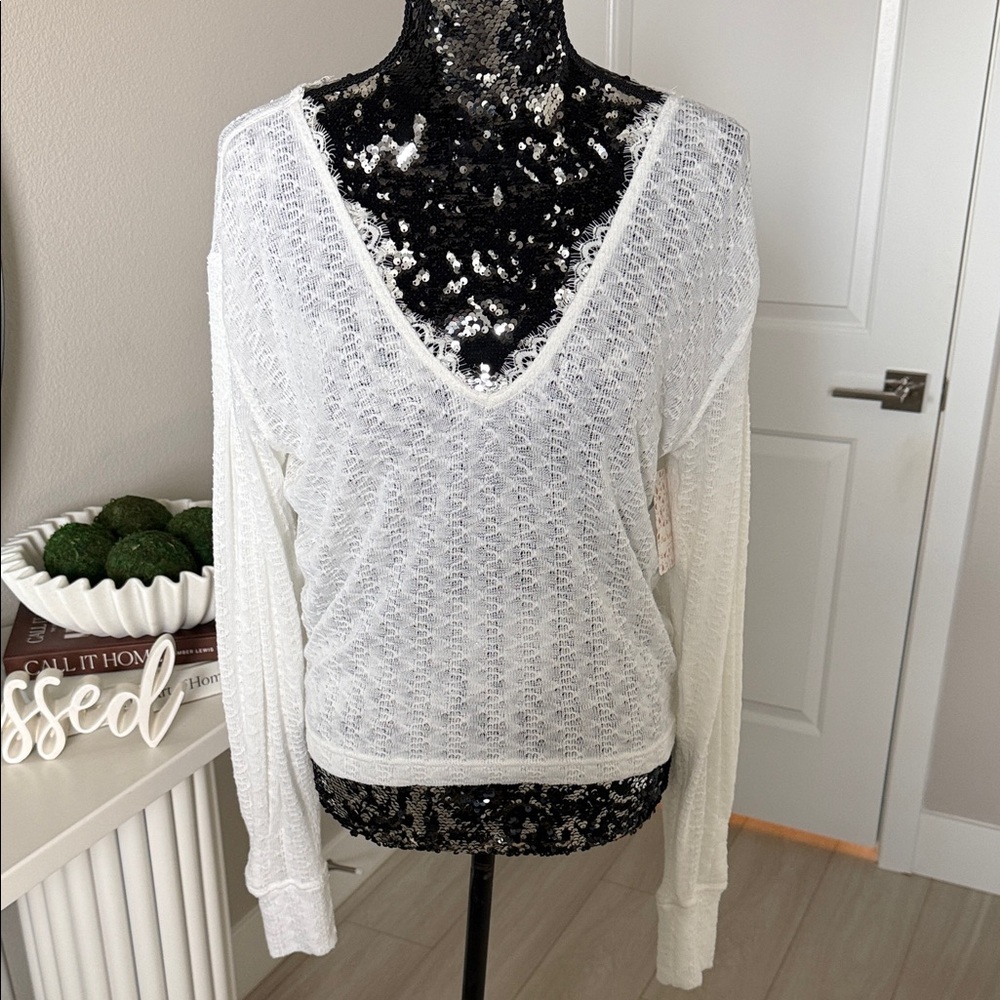 Free People White Lace V-Neck Top